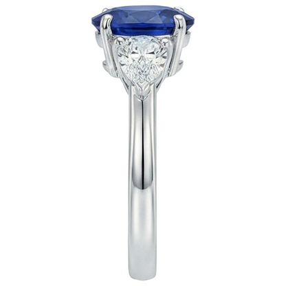 Three Stone Ring Oval Sri Lankan Sapphire & Pear Natural Earth Mined Diamonds 5.50 Carats