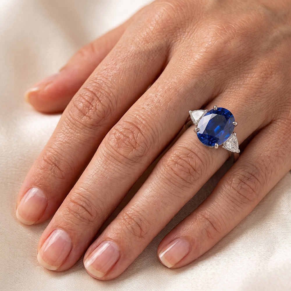 Three Stone Ring Oval Sri Lankan Sapphire & Pear Natural Earth Mined Diamonds 5.50 Carats