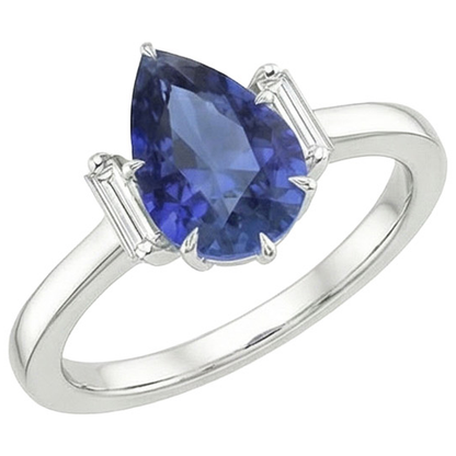 Three Stone Ring Pear Sri Lankan Sapphire & Baguette Natural Earth Mined Diamonds 3 Carats