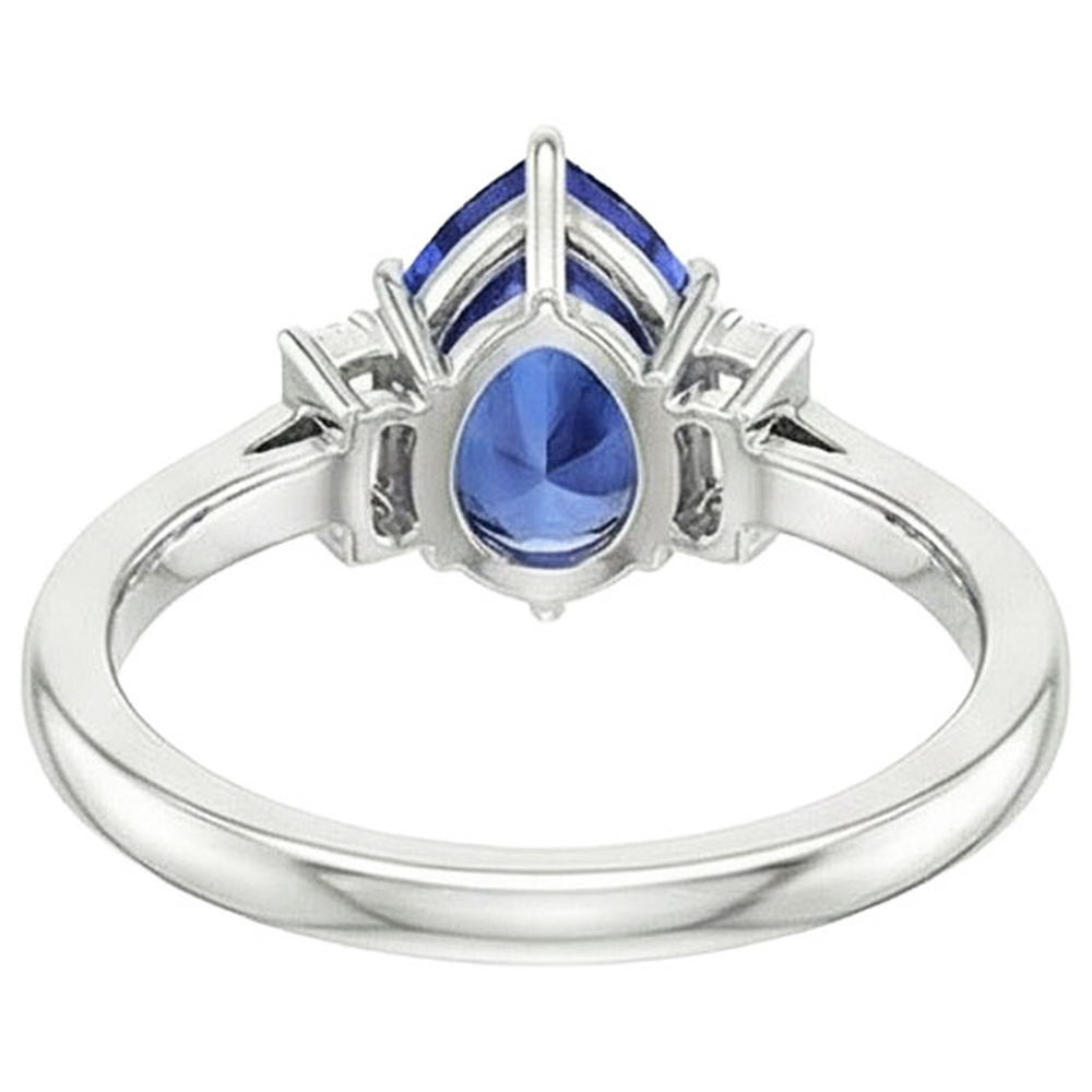 Three Stone Ring Pear Sri Lankan Sapphire & Baguette Natural Earth Mined Diamonds 3 Carats