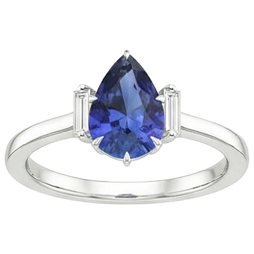 Three Stone Ring Pear Sri Lankan Sapphire & Baguette Natural Earth Mined Diamonds 3 Carats
