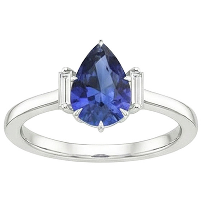 Three Stone Ring Pear Sri Lankan Sapphire & Baguette Natural Earth Mined Diamonds 3 Carats
