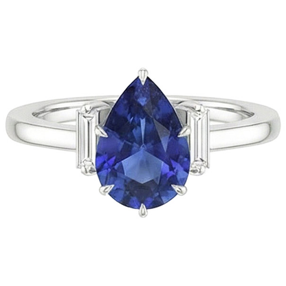 Three Stone Ring Pear Sri Lankan Sapphire & Baguette Natural Earth Mined Diamonds 3 Carats