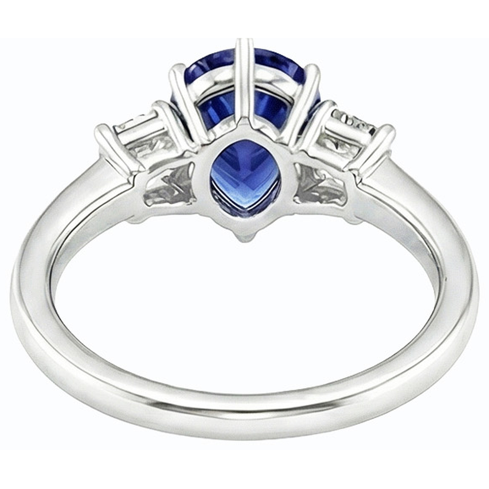 Three Stone Ring Pear SriLanka Sapphire 2 Carats & Emerald Natural Earth Mined Diamonds