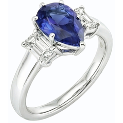 Three Stone Ring Pear SriLanka Sapphire 2 Carats & Emerald Natural Earth Mined Diamonds