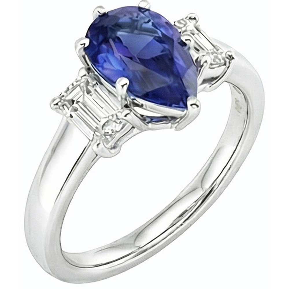 Three Stone Ring Pear SriLanka Sapphire 2 Carats & Emerald Natural Earth Mined Diamonds