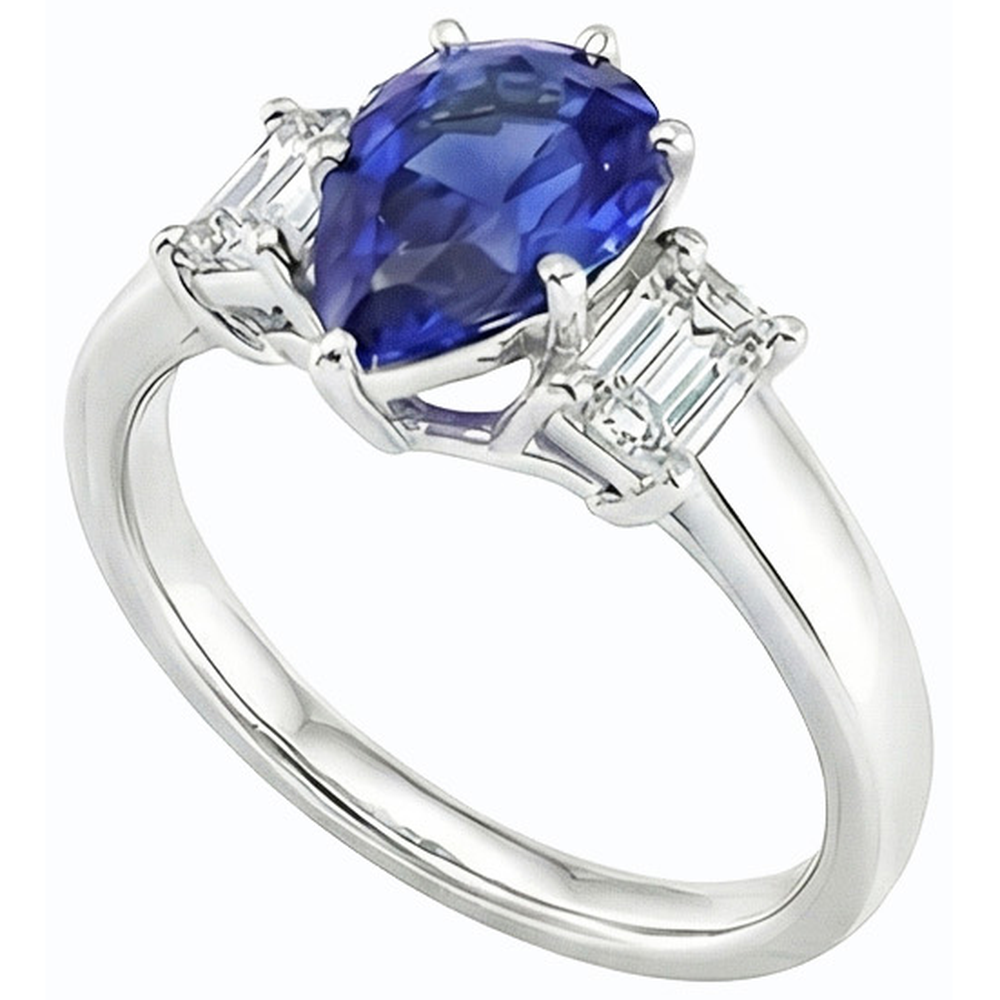 Three Stone Ring Pear SriLanka Sapphire 2 Carats & Emerald Natural Earth Mined Diamonds