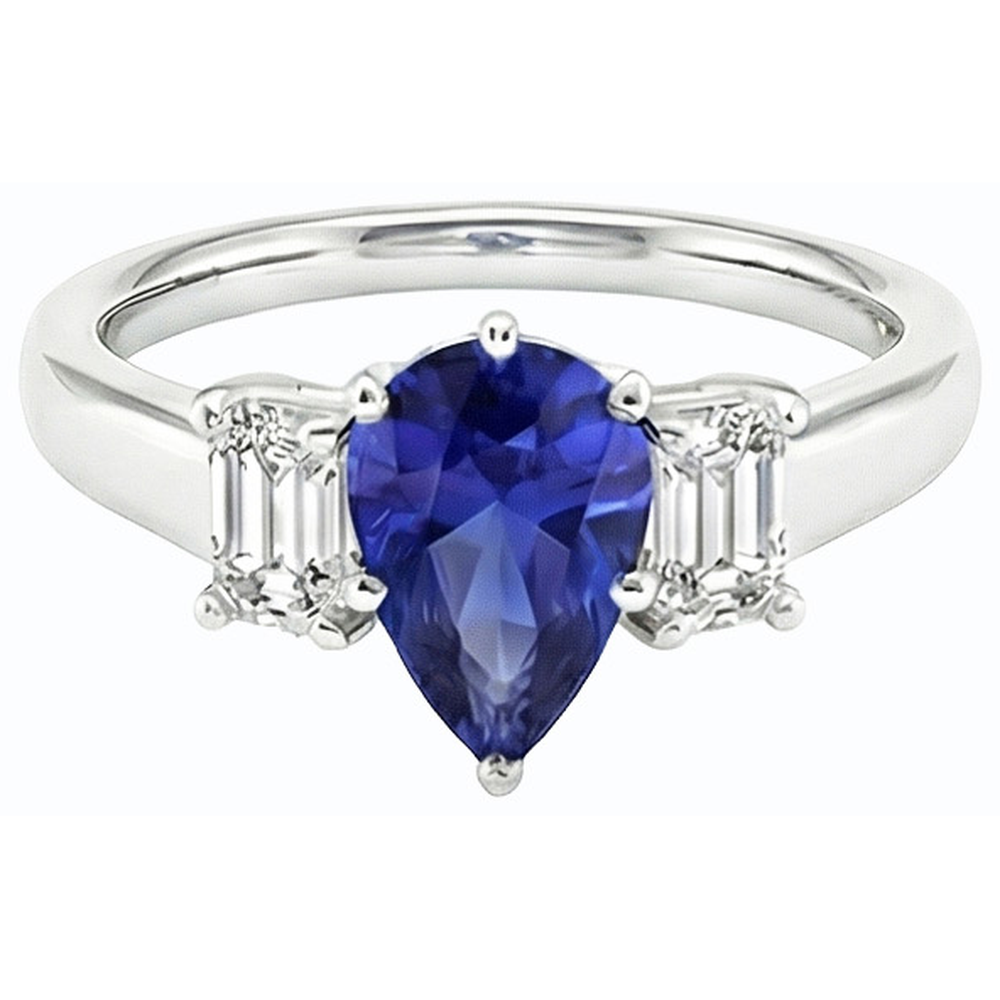 Three Stone Ring Pear SriLanka Sapphire 2 Carats & Emerald Natural Earth Mined Diamonds