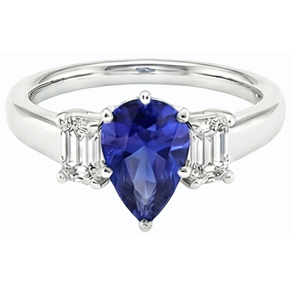 Three Stone Ring Pear SriLanka Sapphire 2 Carats & Emerald Natural Earth Mined Diamonds
