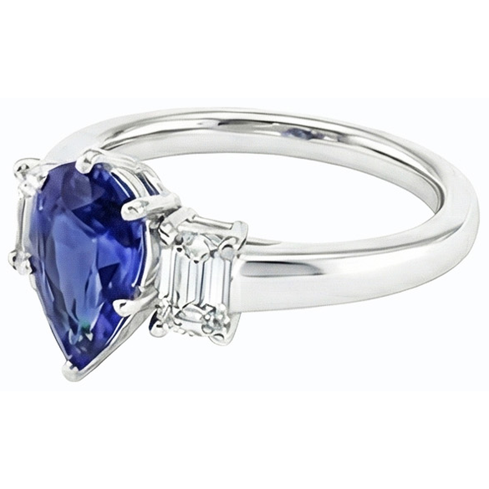 Three Stone Ring Pear SriLanka Sapphire 2 Carats & Emerald Natural Earth Mined Diamonds