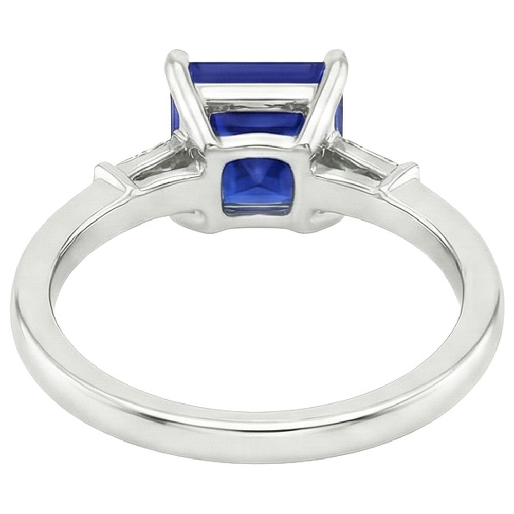 Three Stone Ring Princess Blue Sapphire & Baguette Natural Earth Mined Diamonds 5.25 Carat