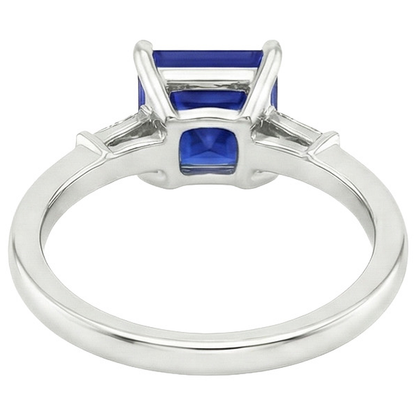 Three Stone Ring Princess Blue Sapphire & Baguette Natural Earth Mined Diamonds 5.25 Carat
