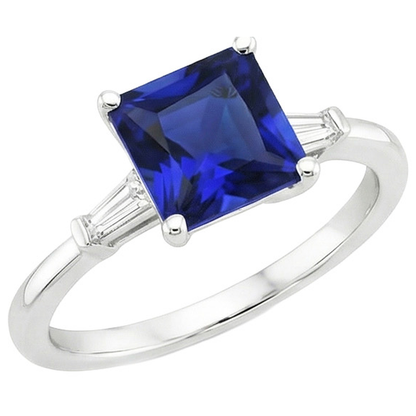 Three Stone Ring Princess Blue Sapphire & Baguette Natural Earth Mined Diamonds 5.25 Carat
