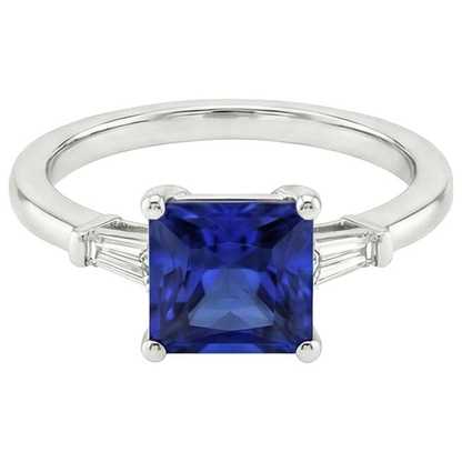Three Stone Ring Princess Blue Sapphire & Baguette Natural Earth Mined Diamonds 5.25 Carat