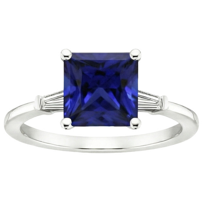 Three Stone Ring Princess Blue Sapphire & Baguette Natural Earth Mined Diamonds 5.25 Carat
