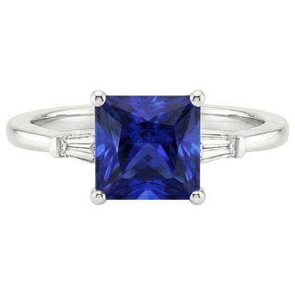 Three Stone Ring Princess Blue Sapphire & Baguette Natural Earth Mined Diamonds 5.25 Carat