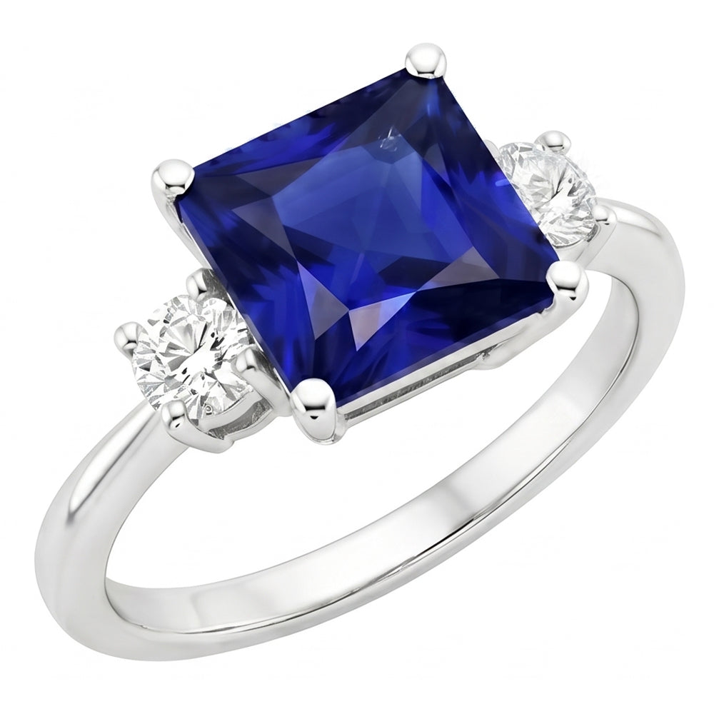Three Stone Ring Princess Blue Sapphire & Round Natural Earth Mined Diamonds 5.50 Carats