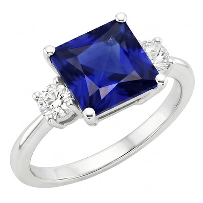 Three Stone Ring Princess Blue Sapphire & Round Natural Earth Mined Diamonds 5.50 Carats