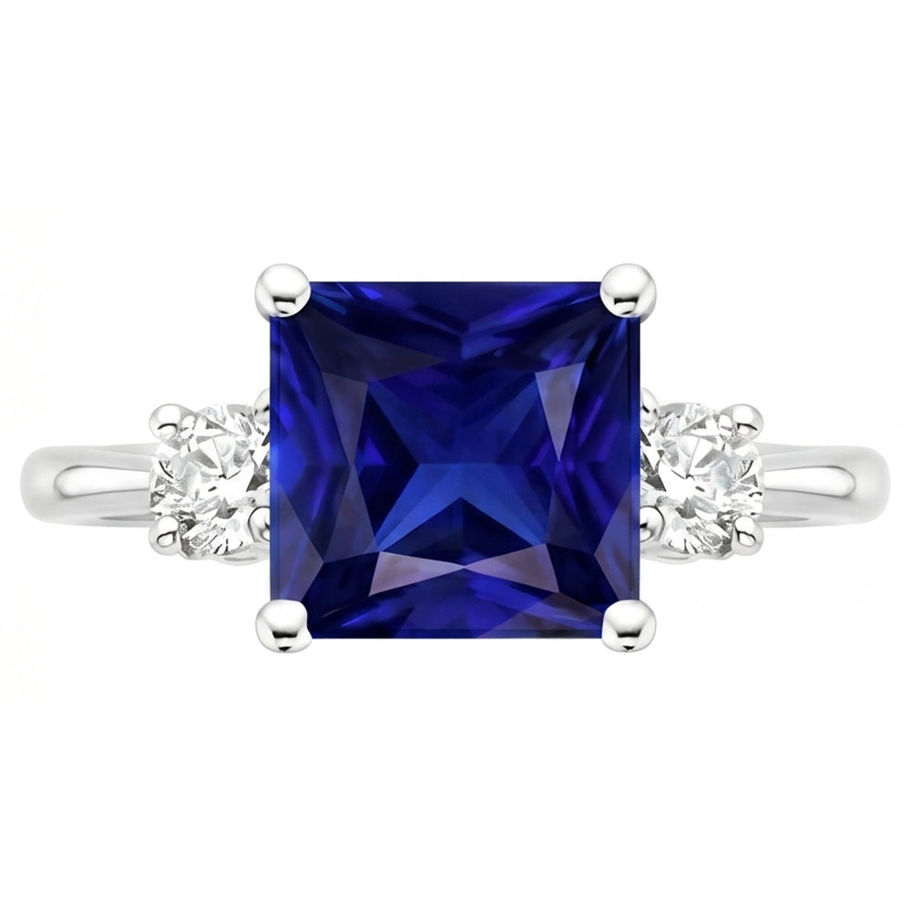 Three Stone Ring Princess Blue Sapphire & Round Natural Earth Mined Diamonds 5.50 Carats