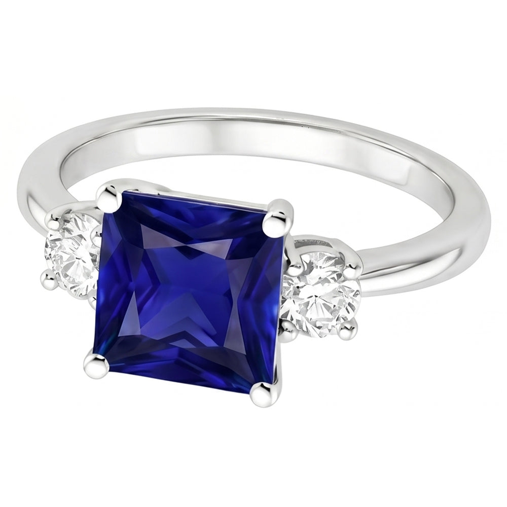 Three Stone Ring Princess Blue Sapphire & Round Natural Earth Mined Diamonds 5.50 Carats