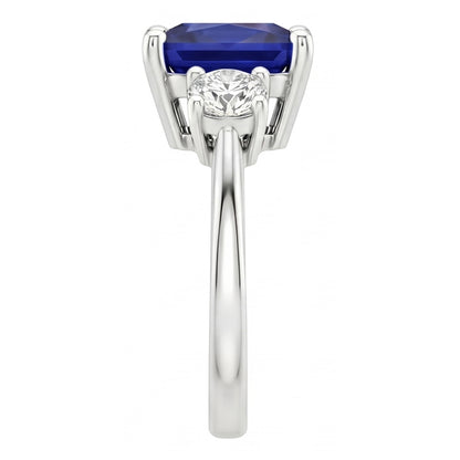 Three Stone Ring Princess Blue Sapphire & Round Natural Earth Mined Diamonds 5.50 Carats