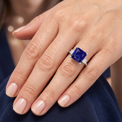 Three Stone Ring Princess Blue Sapphire & Round Natural Earth Mined Diamonds 5.50 Carats