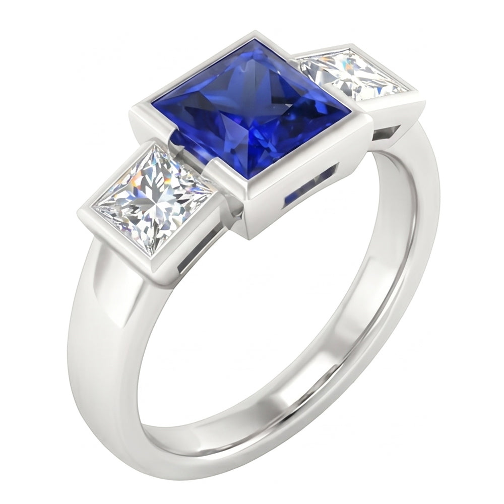 Three Stone Ring Princess Natural Earth Mined Diamond & Ceylon Sapphire Jewelry 2 Carats