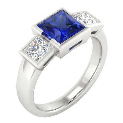 Three Stone Ring Princess Natural Earth Mined Diamond & Ceylon Sapphire Jewelry 2 Carats