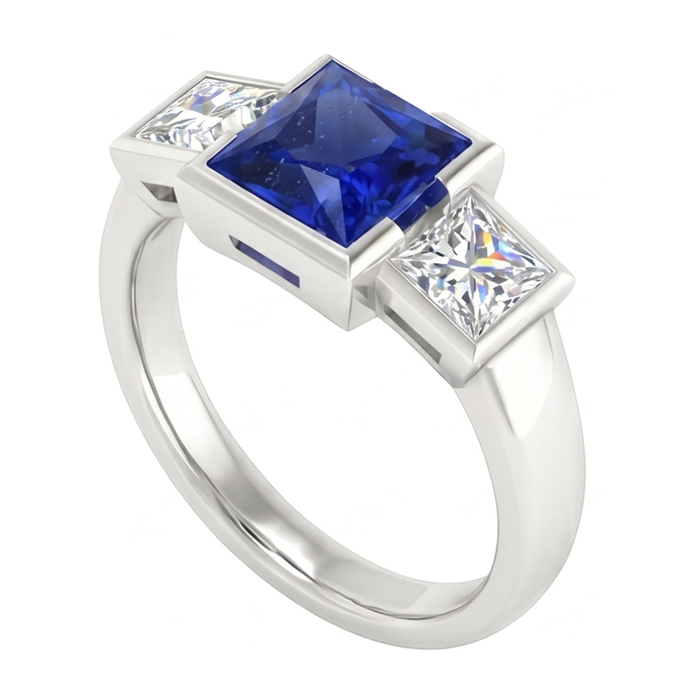 Three Stone Ring Princess Natural Earth Mined Diamond & Ceylon Sapphire Jewelry 2 Carats