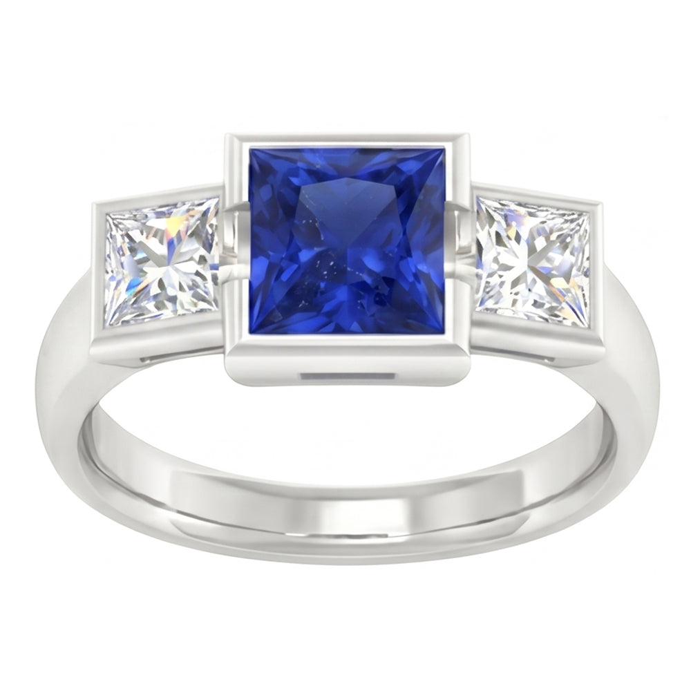 Three Stone Ring Princess Natural Earth Mined Diamond & Ceylon Sapphire Jewelry 2 Carats
