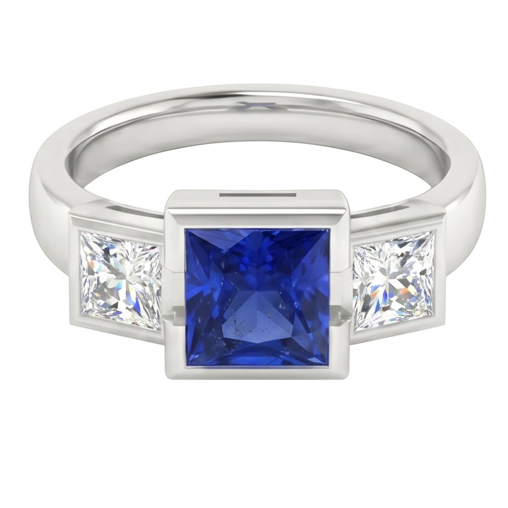 Three Stone Ring Princess Natural Earth Mined Diamond & Ceylon Sapphire Jewelry 2 Carats