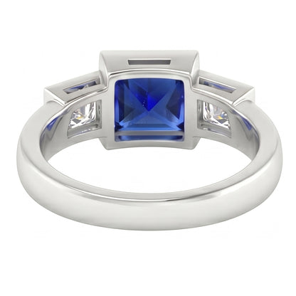Three Stone Ring Princess Natural Earth Mined Diamond & Ceylon Sapphire Jewelry 2 Carats