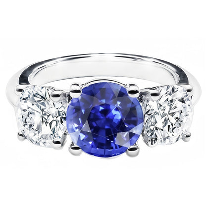 Three Stone Round Blue Sapphire & Natural Earth Mined Diamond Ring 2.50 Carats Gold 14K