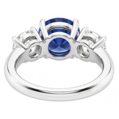 Three Stone Round Blue Sapphire & Natural Earth Mined Diamond Ring 2.50 Carats Gold 14K