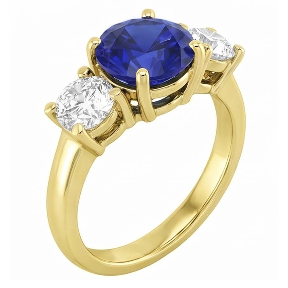 Three Stone Round Blue Sapphire & Natural Earth Mined Diamond Ring 5 Carats Jewelry