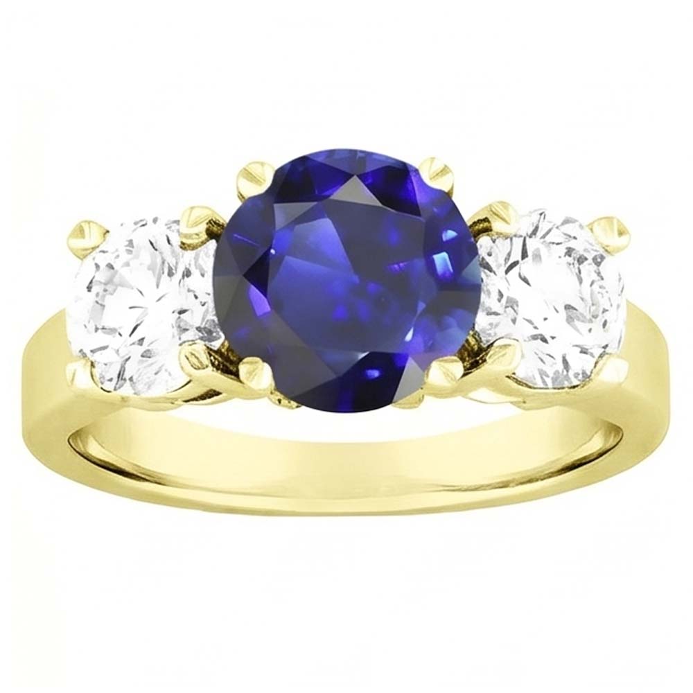 Three Stone Round Blue Sapphire & Natural Earth Mined Diamond Ring 5 Carats Jewelry