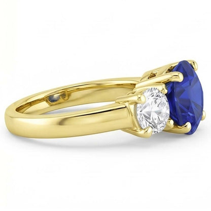 Three Stone Round Blue Sapphire & Natural Earth Mined Diamond Ring 5 Carats Jewelry