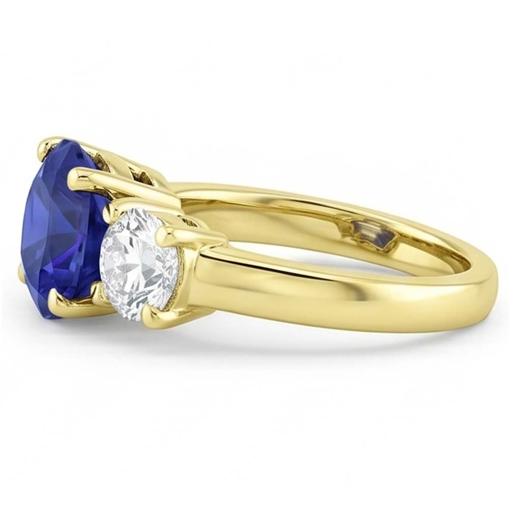 Three Stone Round Blue Sapphire & Natural Earth Mined Diamond Ring 5 Carats Jewelry