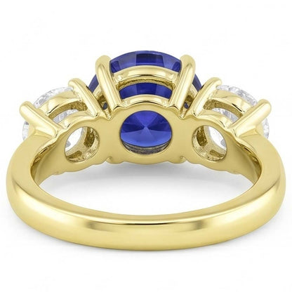 Three Stone Round Blue Sapphire & Natural Earth Mined Diamond Ring 5 Carats Jewelry
