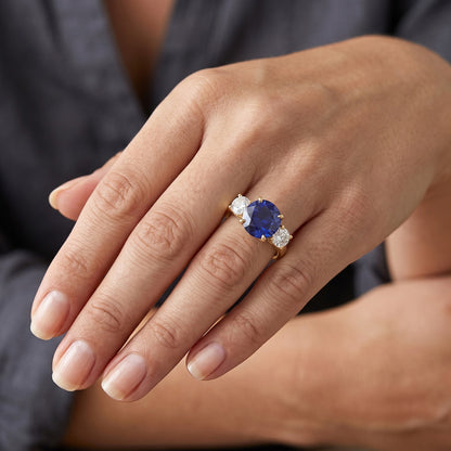 Three Stone Round Blue Sapphire & Natural Earth Mined Diamond Ring 5 Carats Jewelry