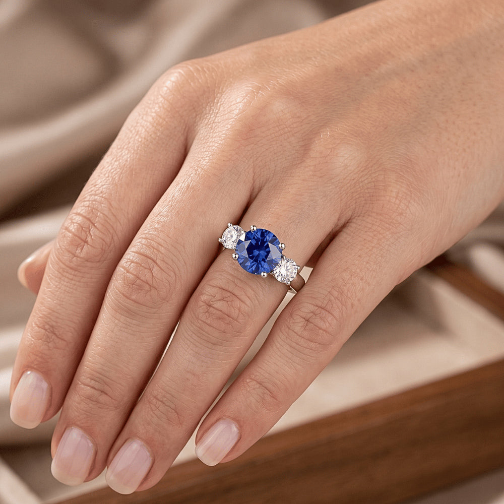 Three Stone Round Natural Earth Mined Diamond Engagement Ring Srilanka Sapphire 3 Carats