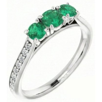 Three Stone Style Natural Earth Mined Diamond Green Emerald GIA Engagement Ring 1.10 Carats