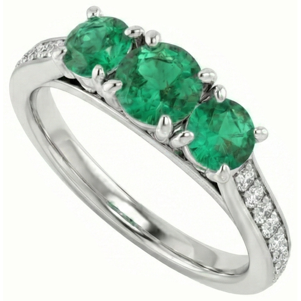 Three Stone Style Natural Earth Mined Diamond Green Emerald GIA Engagement Ring 1.10 Carats