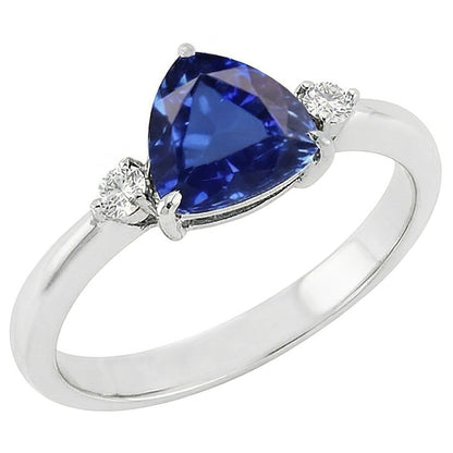 Three Stone Trillion Ceylon Sapphire Ring 2.25 Carats Round Natural Earth Mined Diamonds