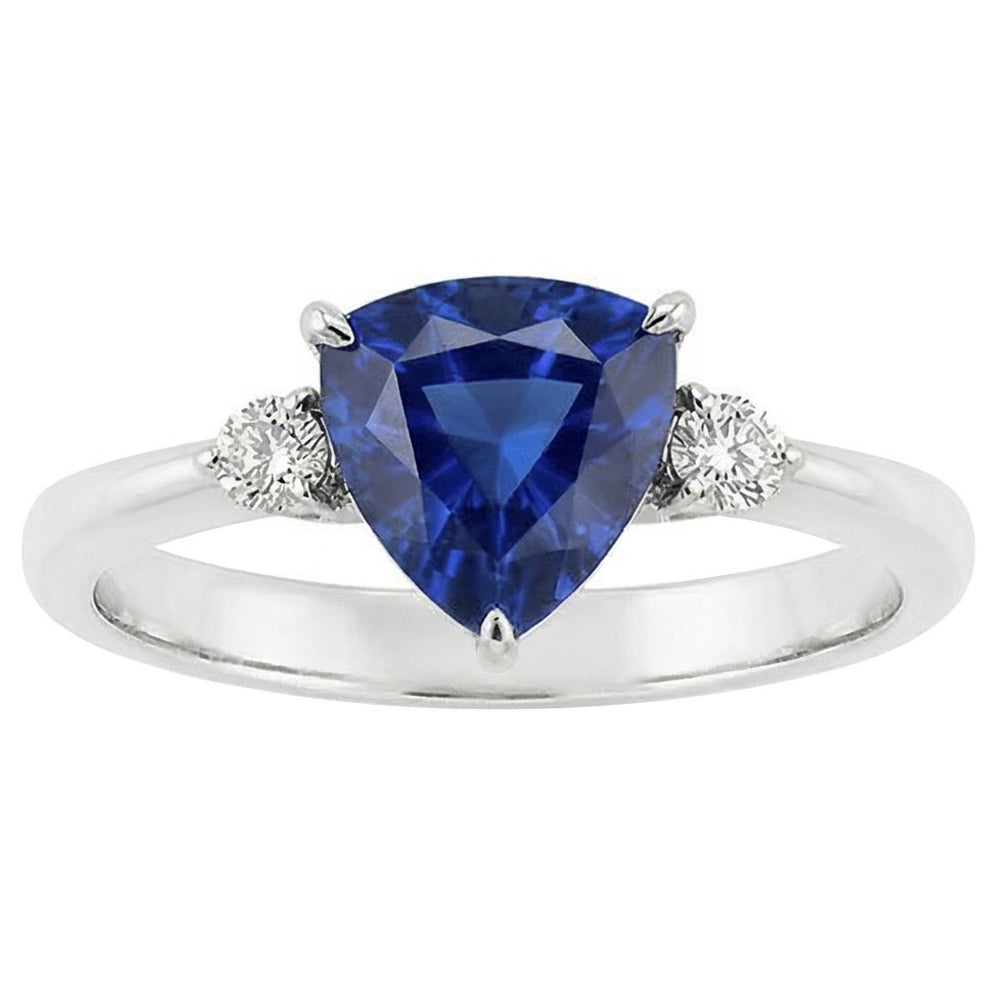 Three Stone Trillion Ceylon Sapphire Ring 2.25 Carats Round Natural Earth Mined Diamonds