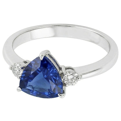 Three Stone Trillion Ceylon Sapphire Ring 2.25 Carats Round Natural Earth Mined Diamonds