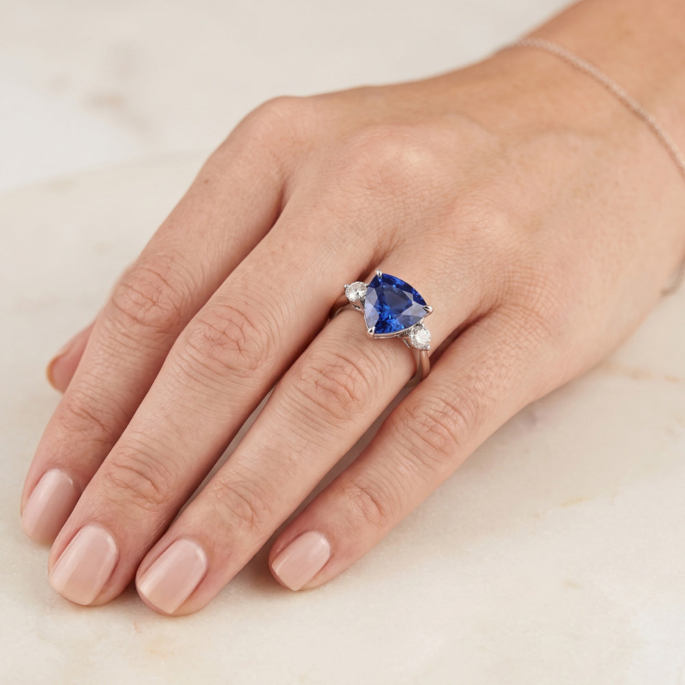 Three Stone Trillion Ceylon Sapphire Ring 2.25 Carats Round Natural Earth Mined Diamonds