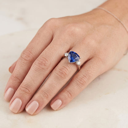 Three Stone Trillion Ceylon Sapphire Ring 2.25 Carats Round Natural Earth Mined Diamonds