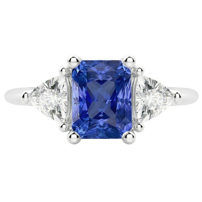 Three Stone Trillion Natural Earth Mined Diamond Ring Blue Sapphire 2 Carat Prongs