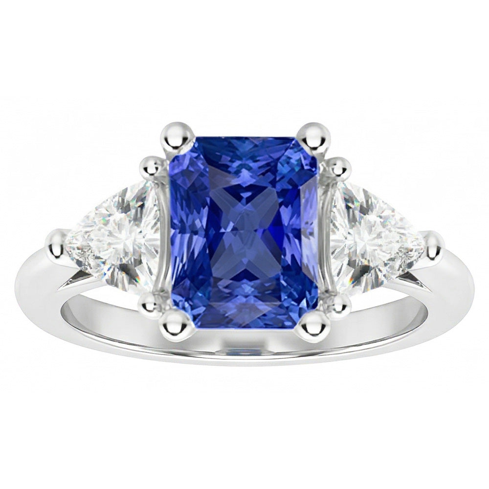 Three Stone Trillion Natural Earth Mined Diamond Ring Blue Sapphire 2 Carat Prongs